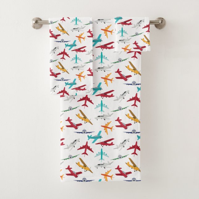 Colourful Airplanes Pattern Kids Bathroom Bath Towel Set (Insitu)