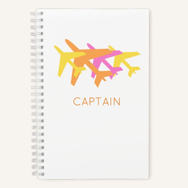Colourful Airplanes pink yellow orange CAPTAIN Fun Notebook (Front)