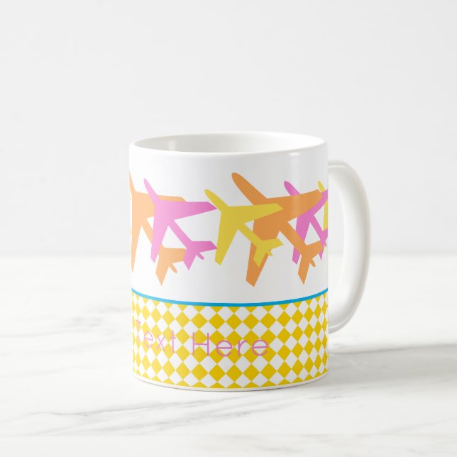 Colourful Airplanes Travel Flight Crew Custom Text Coffee Mug (Front Right)