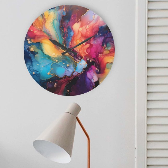 Colourful Alcohol Ink art Large Clock (Creator Uploaded)