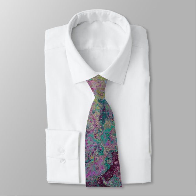 Colourful Alcohol Ink, Green and Burgundy Abstract Tie (Tied)