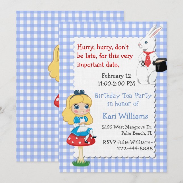 Colourful Alice In Wonderland Birthday Tea Party Invitation (Front/Back)