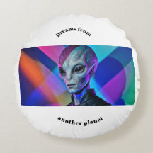 Colourful Alien Visitor - Unique Round Throw Pillo
