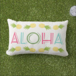 Colourful Aloha Pineapple Tropical Lumbar Pillow<br><div class="desc">Say Aloha to summer with this fun tropical lumbar pillow featuring bold, colourful Aloha lettering in pink, aqua, and green, bordered by rows of cheerful yellow pineapples on a clean white background. The playful, retro-inspired typography and fruit motifs bring instant vacation vibes to any patio, porch swing, or outdoor lounge...</div>