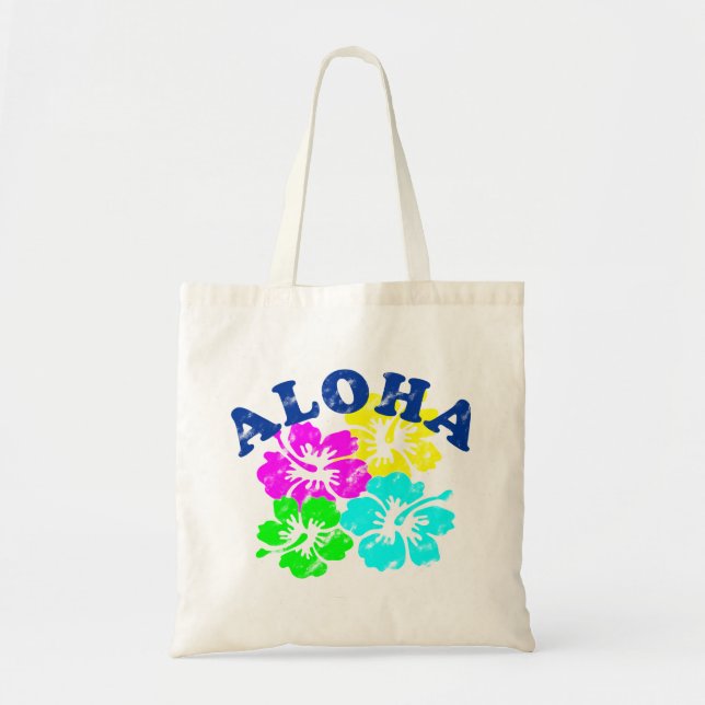 Colourful Aloha Vintage Tote Bag Hawaiian flowers (Front)