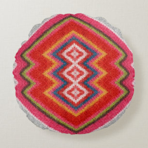 Colourful alpaca mohair sweater ornament closeup. round pillow