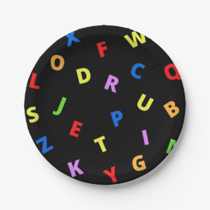 Colourful Alphabet on black background Paper Plate