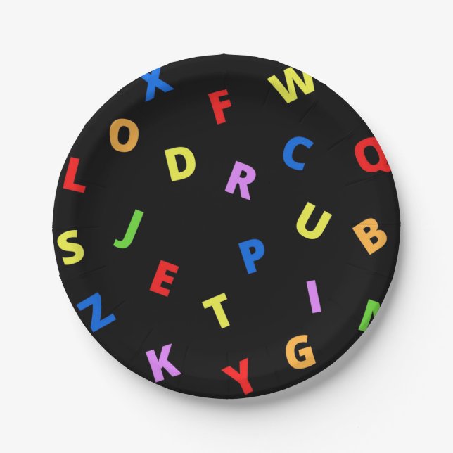 Colourful Alphabet on black background Paper Plate (Front)