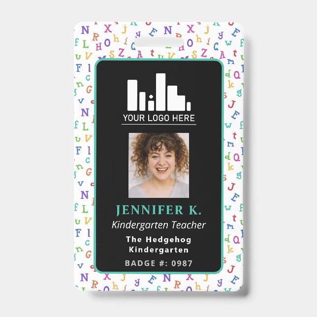 Colourful Alphabet Teacher Photo & Logo Badge (Front)