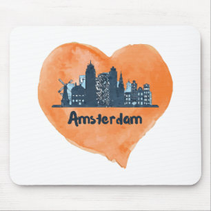 Colourful Amsterdam City Skyline Watercolor Heart  Mouse Pad