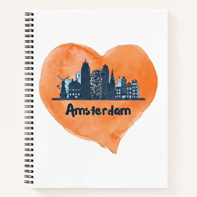 Colourful Amsterdam City Skyline Watercolor Heart  Notebook (Front)