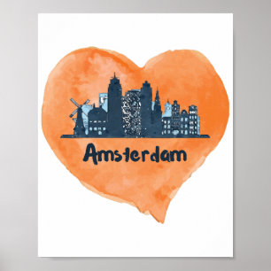 Colourful Amsterdam City Skyline Watercolor Heart  Poster