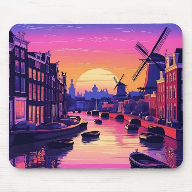 Colourful Amsterdam Sunset – Dutch Canal & Windmil Mouse Pad (Front)