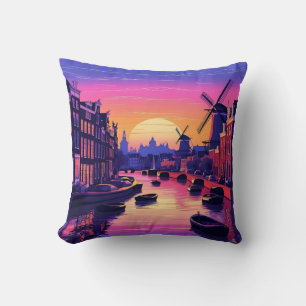 Colourful Amsterdam Sunset – Dutch Canal & Windmil Throw Pillow