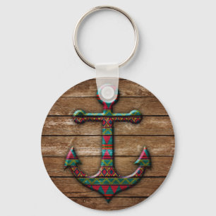Colourful Anchor on Wood Texture Keychain