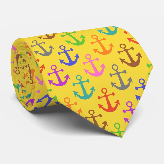 Colourful Anchor Pattern Retro Nautical Tie (Rolled)