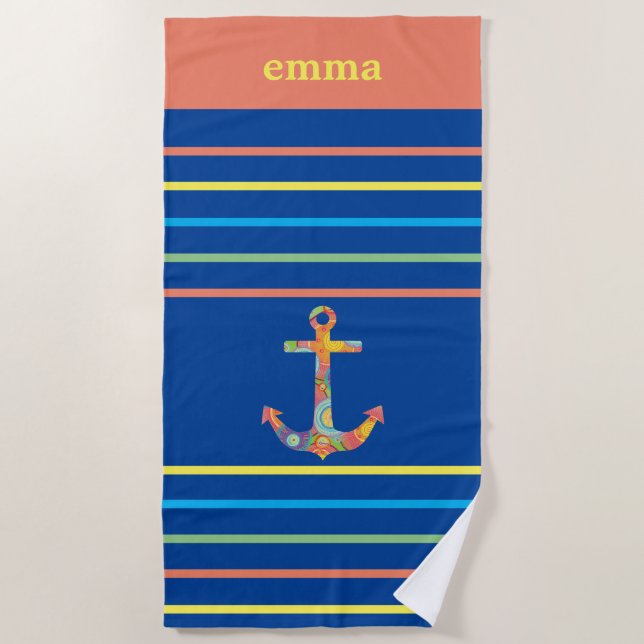 Colourful Anchor Personalized Beach Towel (Front)