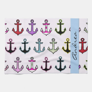 Colourful Anchors, Pattern Of Anchors, Your Name Kitchen Towel