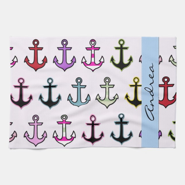 Colourful Anchors, Pattern Of Anchors, Your Name Kitchen Towel (Horizontal)