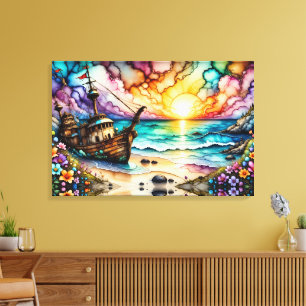 Colourful Ancient Shipwreck Beach Flowers and Sky Canvas Print