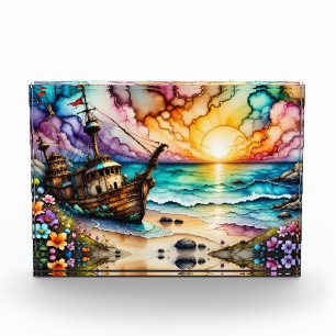 Colourful Ancient Shipwreck Beach Flowers and Sky  Photo Block