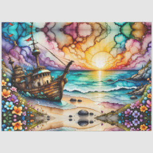 Colourful Ancient Shipwreck Beach Flowers and Sky  Tissue Paper