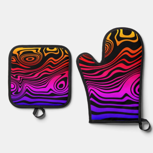 Colourful and Black Wavy Oven Mitt & Pot Holder Se Set (Front)