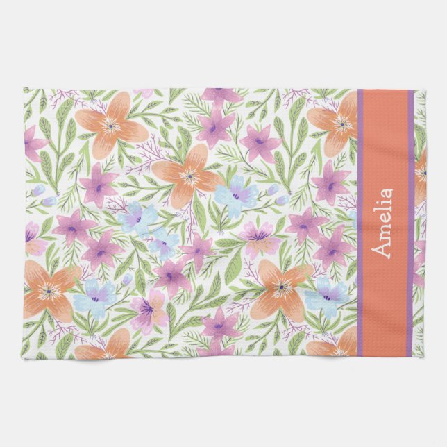 Colourful and Cute Pastel Floral Pattern Name Kitchen Towel (Horizontal)