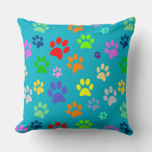 Colourful and Cute Pet Paw Prints Pattern Throw Pillow