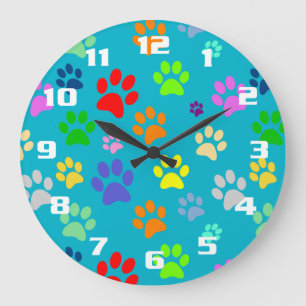 Colourful and Cute Pet Paws Pattern Large Clock