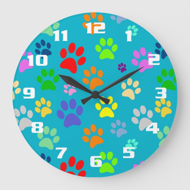 Colourful and Cute Pet Paws Pattern Large Clock (Front)