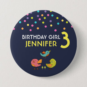 Colourful and Cute Whimsical Birds Birthday Girl 3 Inch Round Button