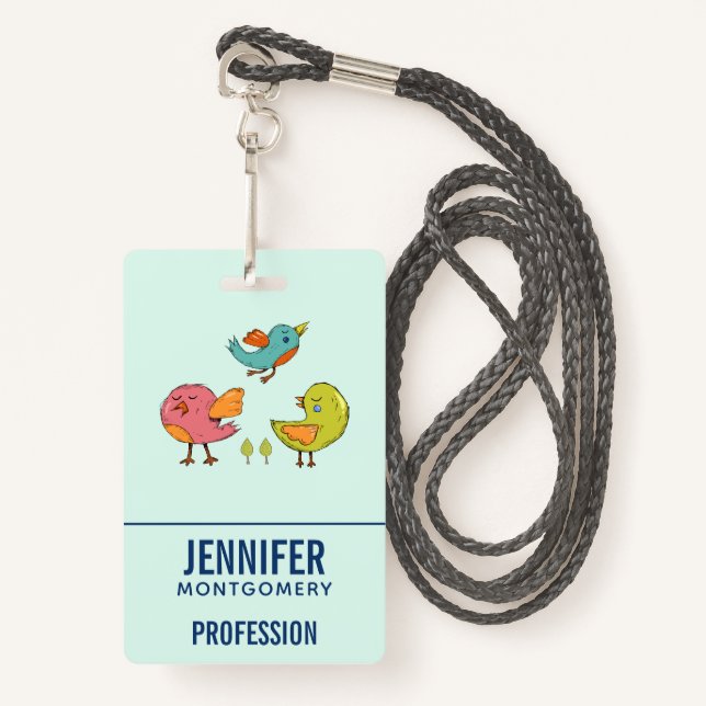 Colourful and Cute Whimsical Birds Trio Badge (Front with Lanyard)