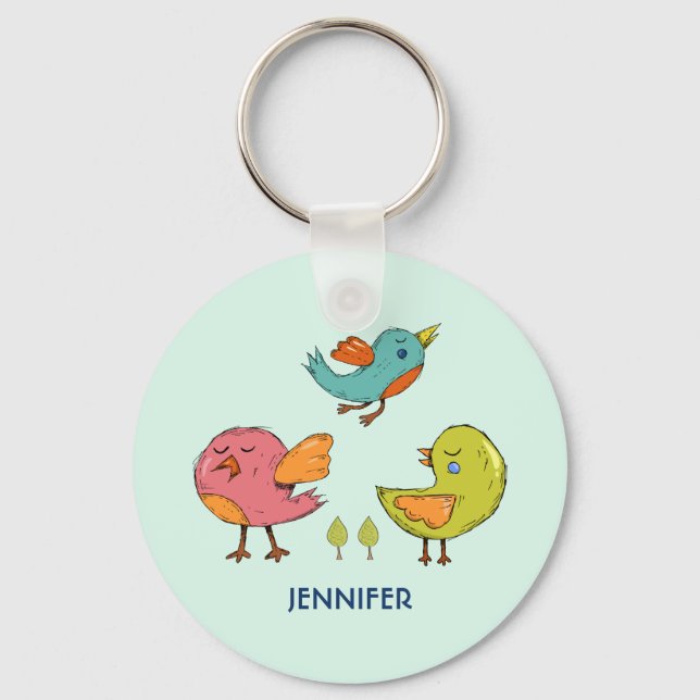 Colourful and Cute Whimsical Birds Trio Keychain (Front)