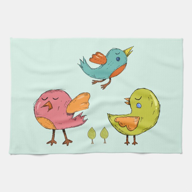 Colourful and Cute Whimsical Birds Trio Kitchen Towel (Horizontal)