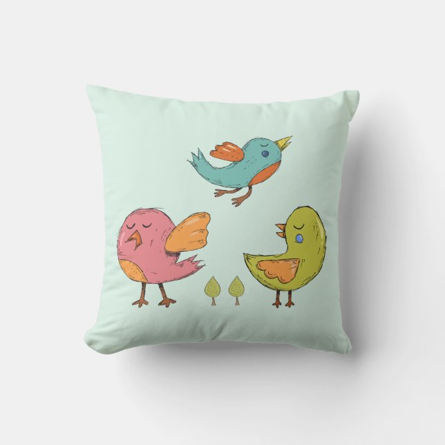 Colourful and Cute Whimsical Birds Trio Outdoor Pillow (Front)