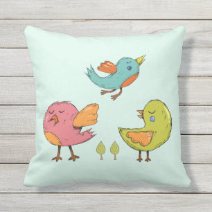 Colourful and Cute Whimsical Birds Trio Outdoor Pillow