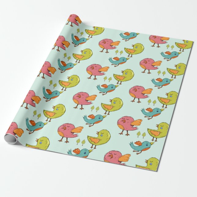 Colourful and Cute Whimsical Birds Trio Pattern Wrapping Paper (Unrolled)