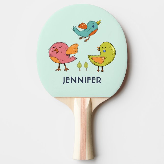 Colourful and Cute Whimsical Birds Trio Ping Pong Paddle (Front)