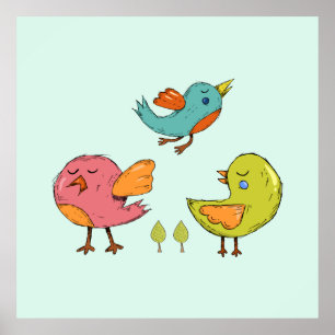 Colourful and Cute Whimsical Birds Trio Poster