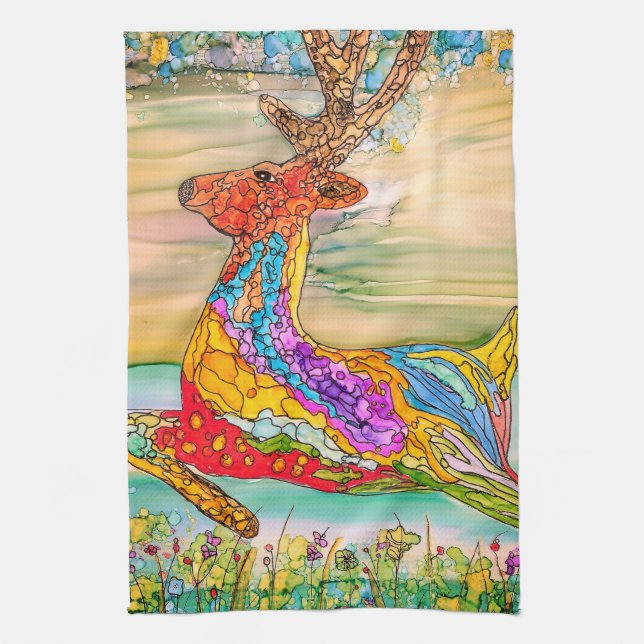 Colourful and Festive Christmas Deer  Kitchen Towe Towel (Vertical)