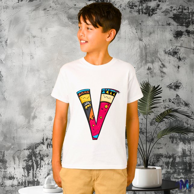 Colourful and Fun Monogram V Tribal and Doodle T-Shirt (Creator Uploaded)
