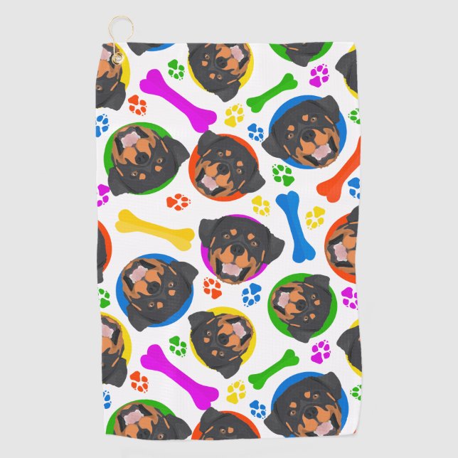Colourful and playful Rottweiler Golf Towel (Front)