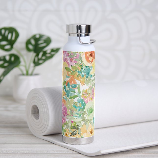Colourful and pretty floral watercolor water bottle (Yoga)