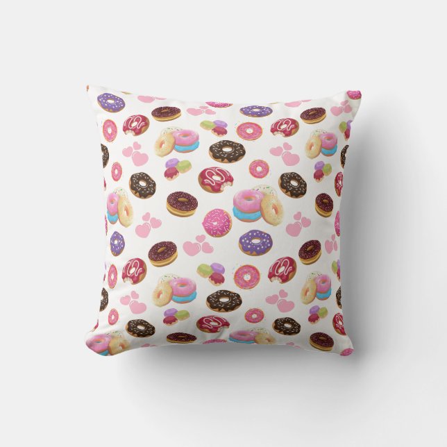 Colourful and Tasty Doughnuts and Hearts Throw Pillow (Front)