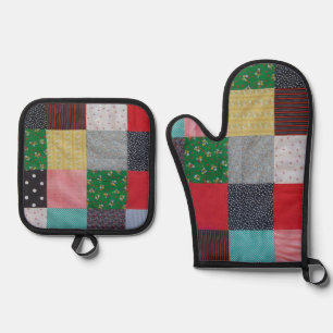 colourful and unique hand-made patchwork oven mitt & pot holder set