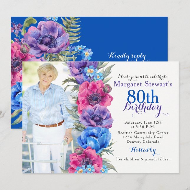 Colourful Anemone Floral Photo 80th Birthday Invitation (Front/Back)