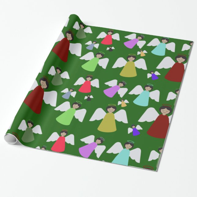 Colourful Angels Pattern Christmas Wrapping Paper (Unrolled)