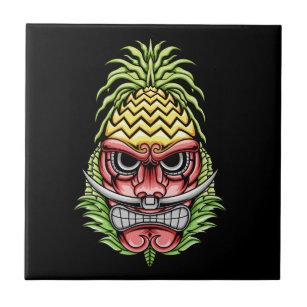colourful angry tiki with pineapple hat illustrati tile