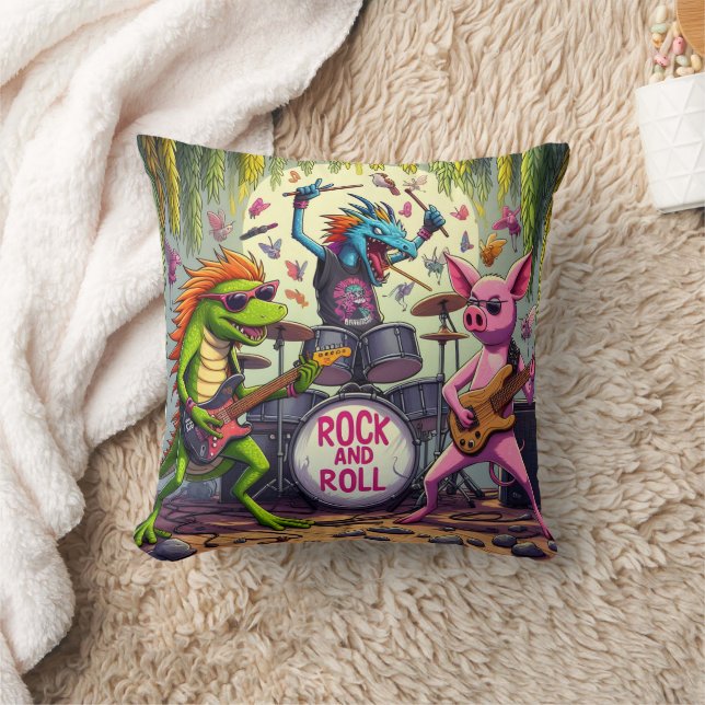 Colourful Animal Band Playing Rock and Roll Music Throw Pillow (Blanket)